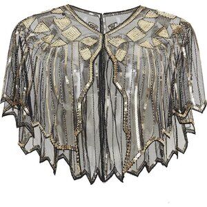 Women Sequin  Beaded Evening flapper Cape 1920s Shawl Wraps (Gold)